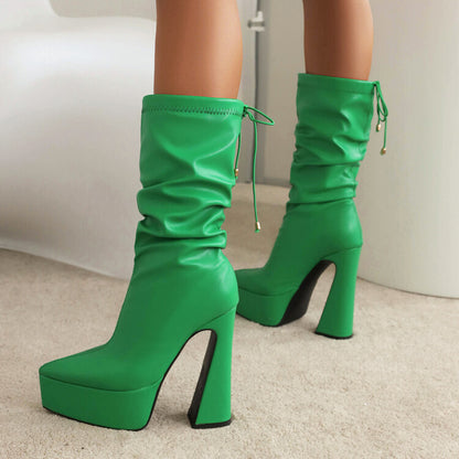 Women Pu Leather Pointed Toe Back Tied Straps Spool Heel Platform Mid-calf Boots