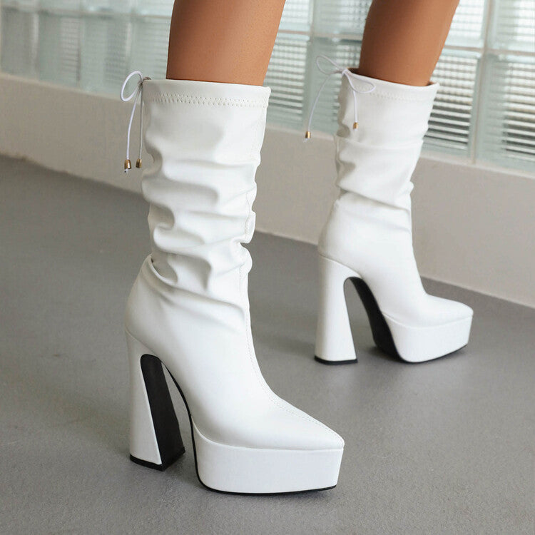 Women Pu Leather Pointed Toe Back Tied Straps Spool Heel Platform Mid-calf Boots