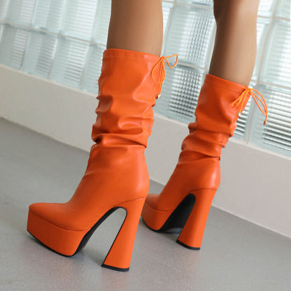 Women Pu Leather Pointed Toe Back Tied Straps Spool Heel Platform Mid-calf Boots