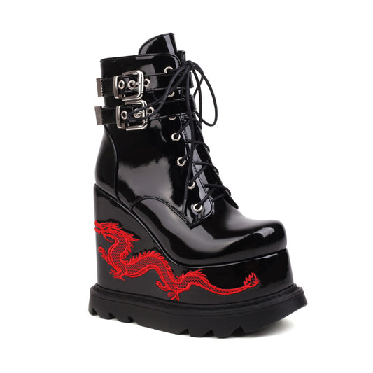 Women Lace Up Metal Buckle Straps Wedge Heel Platform Short Boots