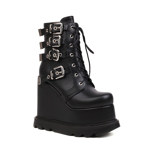 Women Pu Leather Round Toe Lace Up Metal Buckle Straps Wedge Heel Platform Short Boots