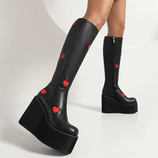 Women Bicolor Pu Leather Square Toe Love Hearts Side Zippers Wedge Heel Platform Knee High Boots