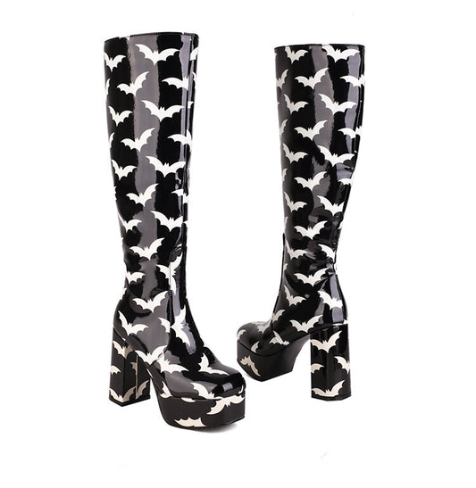 Women Glossy Round Toe Block Chunky Heel Platform Knee High Boots