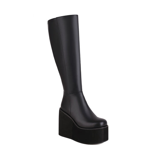 Women Pu Leather Round Toe Side Zippers Wedge Heel Platform Knee High Boots