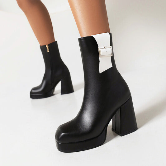 Women Bicolor Side Zippers Buckle Straps Block Heel Platform Short Boots