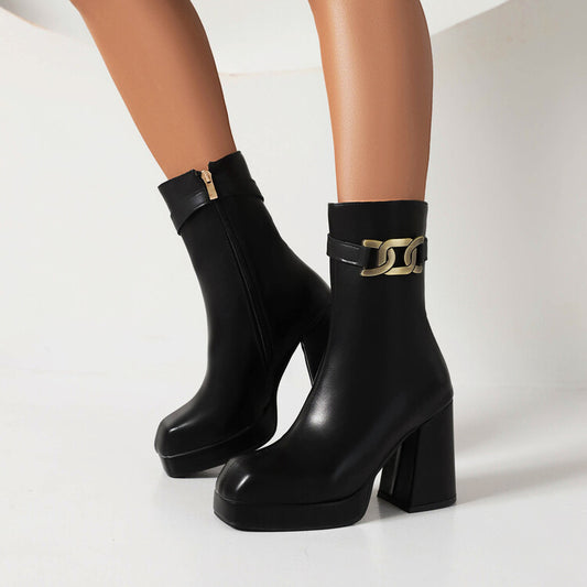 Women Square Toe Side Zippers Block Chunky Heel Platform Short Boots