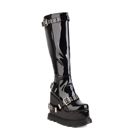 Women Glossy Round Toe Side Zippers Metal Buckle Straps Wedge Heel Platform Knee High Boots