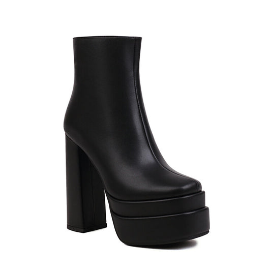 Women Booties Pu Leather Square Toe Side Zippers Block Chunky Heel Super High Platform Short Boots