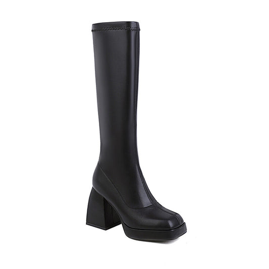 Women Pu Leather Square Toe Block Chunky Heel Platform Knee High Boots