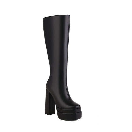 Women Frosted Pu Leather Square Toe Block Chunky Heel Side Zippers Platform Knee High Boots