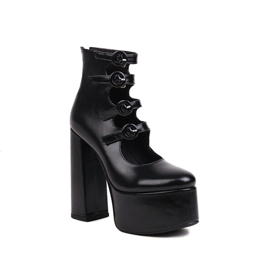 Women Booties Glossy Round Toe Cutout Buckle Straps Block Chunky Heel Platform Back Zippers Short Boots