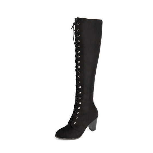 Women Flock Lace Up Block Heel Knee High Boots