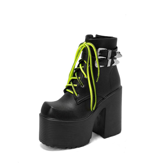 Women Pu Leather Square Toe Lace Up Buckle Straps Block Chunky Heel Platform Ankle Boots