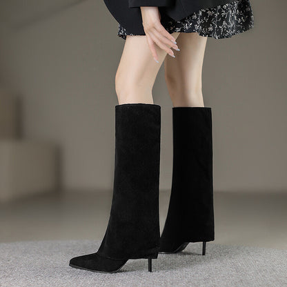 Women Pointed Toe Fold Stiletto Heel Knee-High Boots