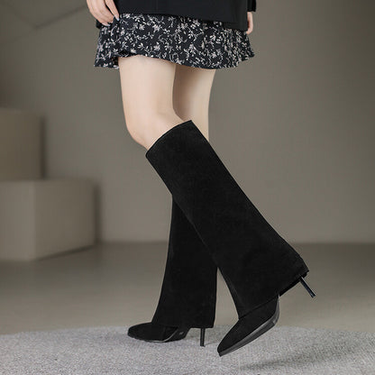 Women Pointed Toe Fold Stiletto Heel Knee-High Boots