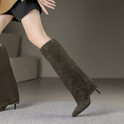 Women Pointed Toe Fold Stiletto Heel Knee-High Boots