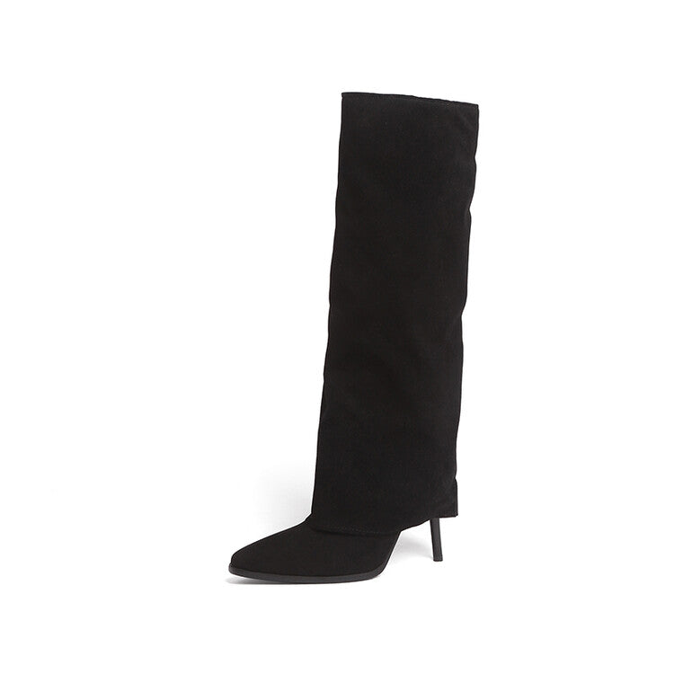 Women Pointed Toe Fold Stiletto Heel Knee-High Boots