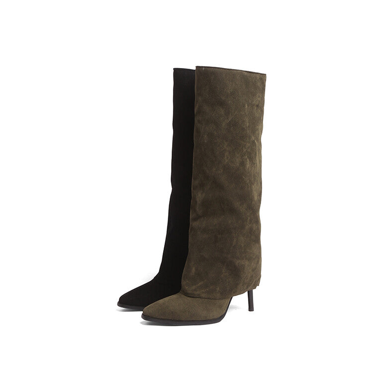 Women Pointed Toe Fold Stiletto Heel Knee-High Boots