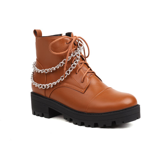 Women Pu Leather Round Toe Lace Up Side Zippers Metal Chains Block Chunky Heel Platform Short Boots