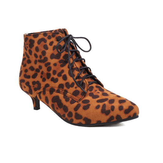 Women Booties Leopard Print Flock Lace Up Kitten Heel Ankle Boots