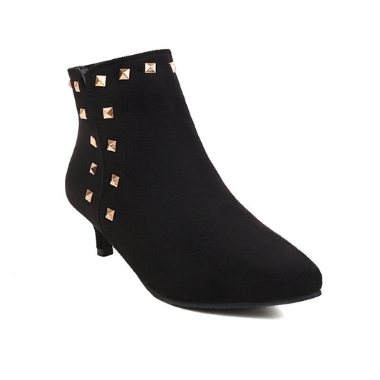 Women Booties Flock Pointed Toe Rivets Side Zippers Kitten Heel Ankle Boots