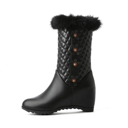 Women Round Toe Lattice Fur Wedge Heel Inside Heighten Mid Calf Boots