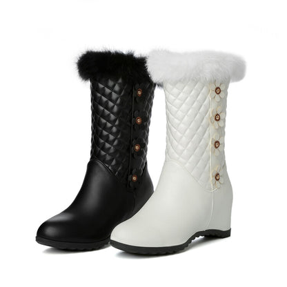 Women Round Toe Lattice Fur Wedge Heel Inside Heighten Mid Calf Boots