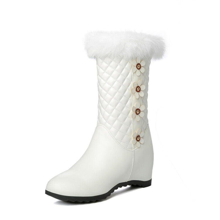 Women Round Toe Lattice Fur Wedge Heel Inside Heighten Mid Calf Boots