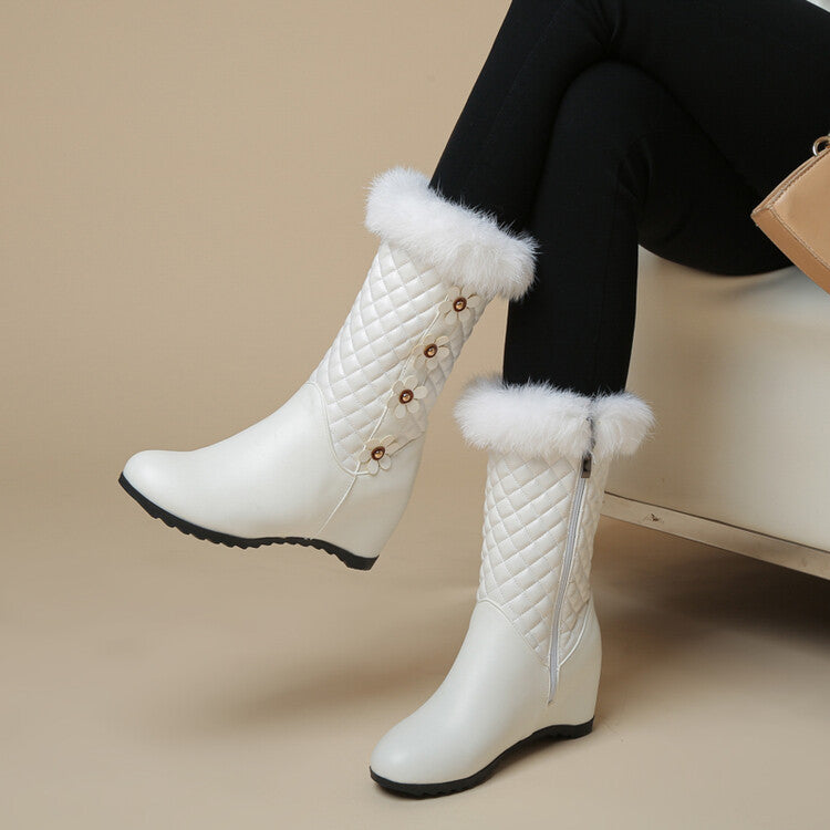 Women Round Toe Lattice Fur Wedge Heel Inside Heighten Mid Calf Boots