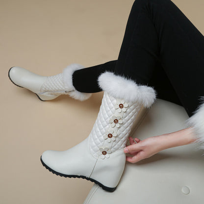 Women Round Toe Lattice Fur Wedge Heel Inside Heighten Mid Calf Boots