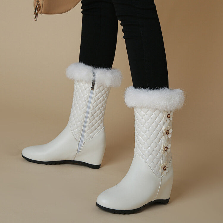 Women Round Toe Lattice Fur Wedge Heel Inside Heighten Mid Calf Boots