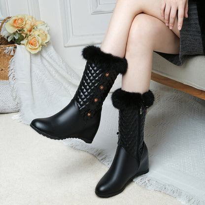 Women Round Toe Lattice Fur Wedge Heel Inside Heighten Mid Calf Boots