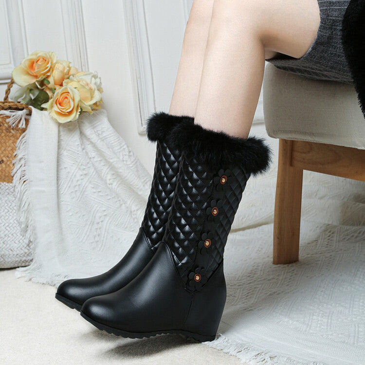 Women Round Toe Lattice Fur Wedge Heel Inside Heighten Mid Calf Boots