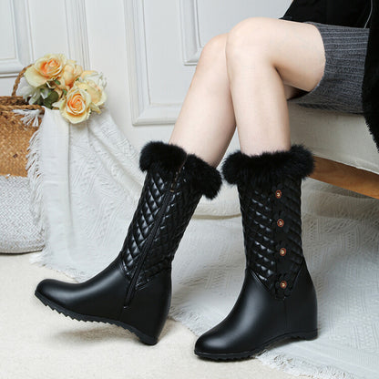 Women Round Toe Lattice Fur Wedge Heel Inside Heighten Mid Calf Boots