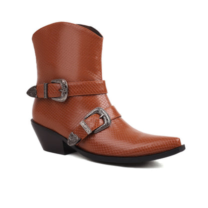 Women Pointed Toe Beveled Heel Buckle Straps Mid Calf Western Boots