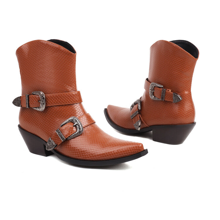 Women Pointed Toe Beveled Heel Buckle Straps Mid Calf Western Boots