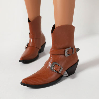 Women Pointed Toe Beveled Heel Buckle Straps Mid Calf Western Boots