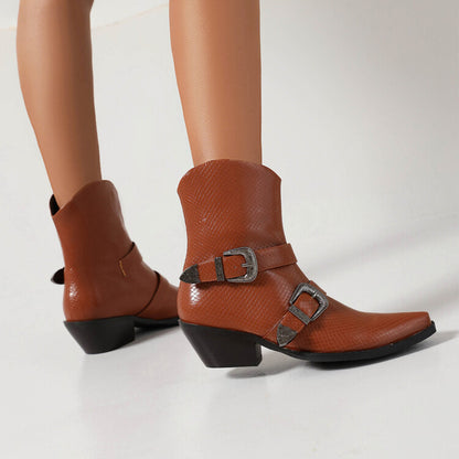 Women Pointed Toe Beveled Heel Buckle Straps Mid Calf Western Boots