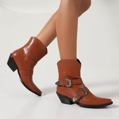 Women Pointed Toe Beveled Heel Buckle Straps Mid Calf Western Boots