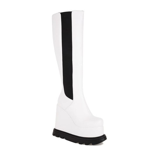 Women Pu Leather Square Toe Bicolor Side Zippers Wedge Heel Platform Knee High Boots