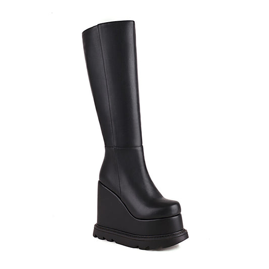 Women Matte Pu Leather Side Zippers Wedge Heel Platform Knee High Boots