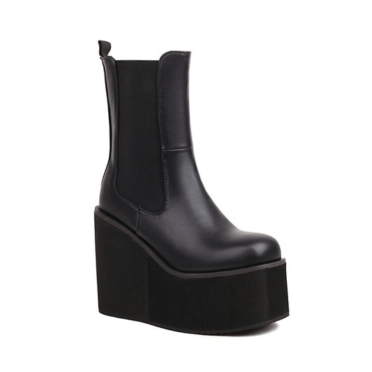 Women Pu Leather Square Toe Stretch Wedge Heel Platform Short Boots