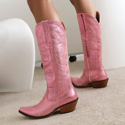 Women Cowboy Pointed Toe Beveled Heel Patent Mid Calf Western Boots