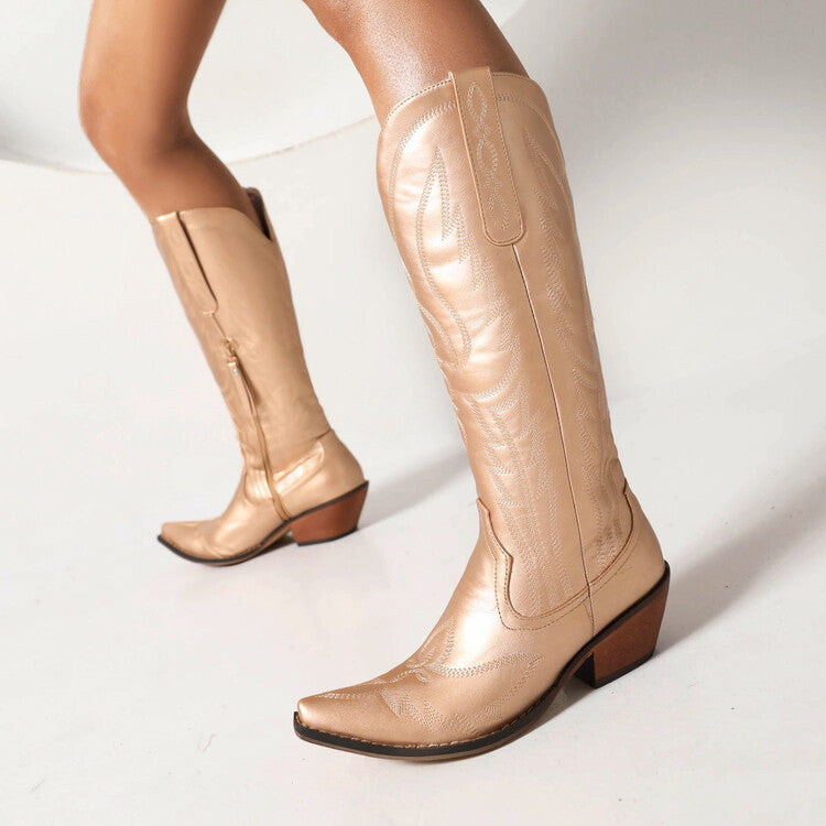 Women Cowboy Pointed Toe Beveled Heel Patent Mid Calf Western Boots