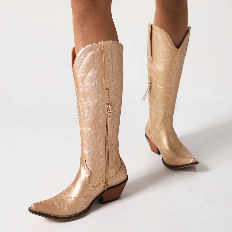 Women Cowboy Pointed Toe Beveled Heel Patent Mid Calf Western Boots