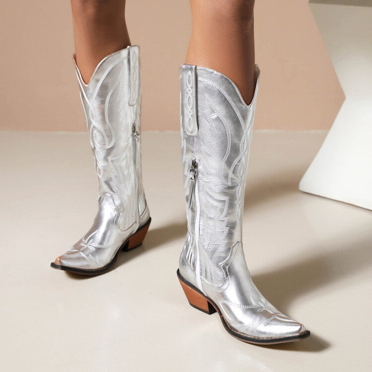 Women Cowboy Pointed Toe Beveled Heel Patent Mid Calf Western Boots