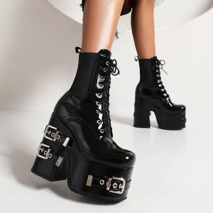 Women Glossy Square Toe Lace Up Stretch Buckle Straps Block Chunky Heel Platform Short Boots