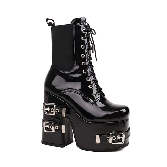 Women Glossy Square Toe Lace Up Stretch Buckle Straps Block Chunky Heel Platform Short Boots