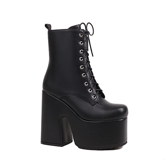 Women Pu Leather Square Toe Lace Up Side Zippers Block Chunky Heel Platform Short Boots