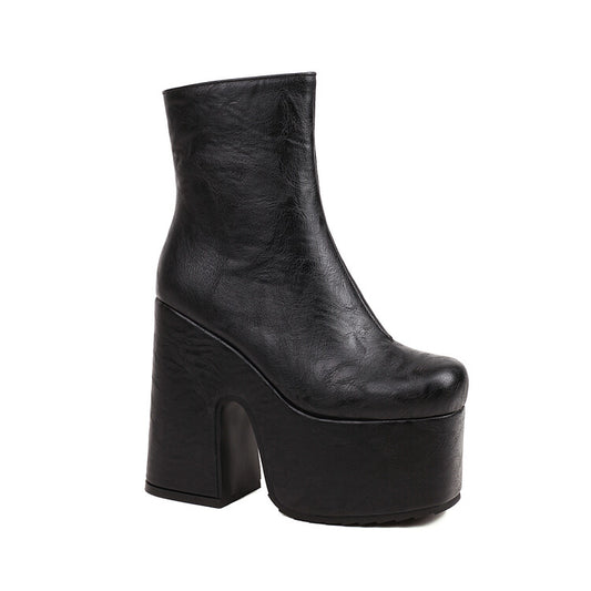 Women Embossed Square Toe Side Zippers Block Chunky Heel Platform Short Boots